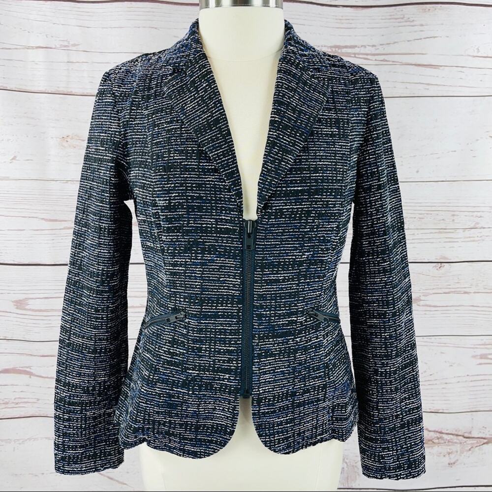 CAbi woven blazer exposed zipper with zipper pockets blue black white